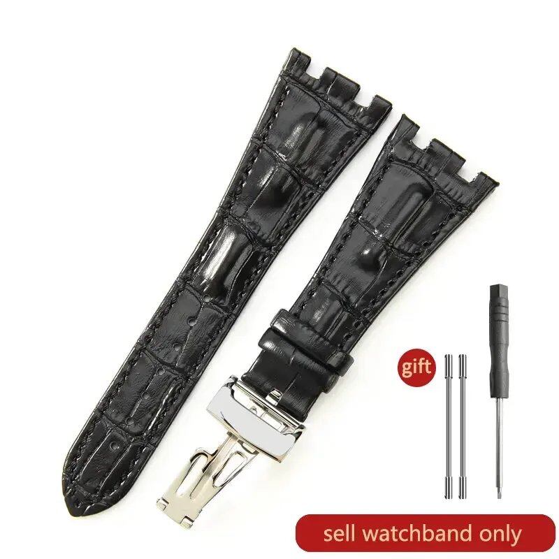 Sweat-resistant cowhide leather watch strap with folding buckle for AP Royal Oak Offshore models 15710, 15703, 15706, 26470, 26170, 26133, 26471, and 26474. Band Color: Brown; Band Width: 28mm. Imported.