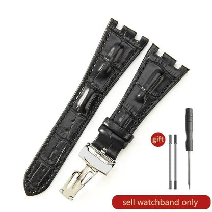 Sweat-resistant cowhide leather watch strap with folding buckle for AP Royal Oak Offshore models 15710, 15703, 15706, 26470, 26170, 26133, 26471, and 26474. Band Color: Brown; Band Width: 28mm. Imported.
