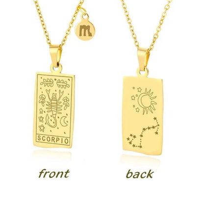 Stainless Steel 12 Zodiac Sign Necklace for Women, Zodiac Pendant, Gold Plated Square Clavicle Chain, Birthday Jewelry, Metal Color: Parallel Import