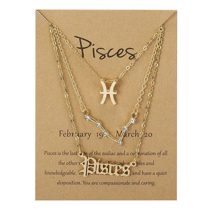 Set of 3 Women's 12 Zodiac Sign Necklaces with Pendant Chains, Chokers, Birthday Jewelry, Cardboard Cards, 45cm Long; Metal Color: 6252, Parallel Import