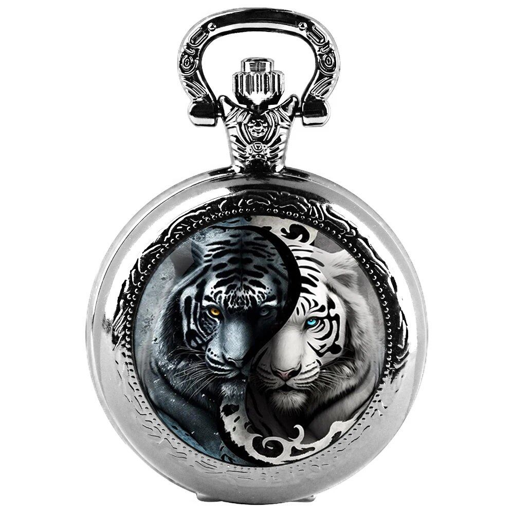 Classic Tiger Cool Design Vintage Quartz Pocket Watch with Glass Dome, Pendant Necklace Chain for Men and Women, Gift for Kids, Color: ZHP4-003, Parallel Import