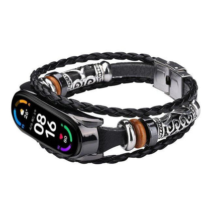 Leather Watch Band for Xiaomi Mi Band 6, 5, 4, 3, Ethnic Retro Style Smart Band, Fashion Accessory, Band Color: Parallel Import