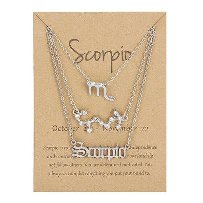 Set of 3 Women's 12 Zodiac Sign Necklaces with Pendant Chains, Chokers, Birthday Jewelry, Cardboard Cards, 45cm Long; Metal Color: 6252, Parallel Import