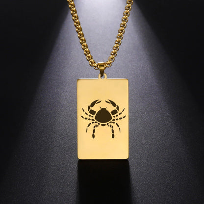 Men's 12 Zodiac Signs Pendant Necklace with Box Chain, Ancient Greek Style, Stainless Steel, Fade-Resistant, Zodiac Astrology Gift, 60cm Long; Metal Color: Parallel Import