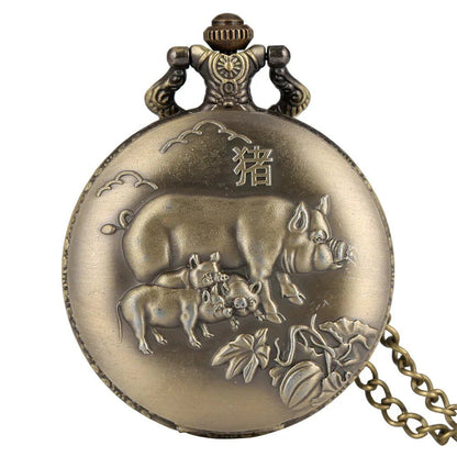 Vintage Bronze Zodiac (Rat, Ox, Tiger, Rabbit, Dragon, Snake, Horse, Sheep, Monkey, Bird, Dog, Boar) Quartz Necklace Pocket Watch, Color: Zodiac, Parallel Import