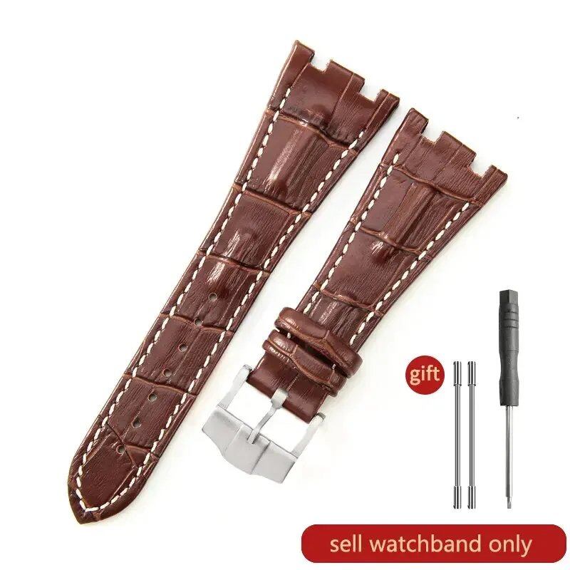 Sweat-resistant cowhide leather watch strap with folding buckle for AP Royal Oak Offshore models 15710, 15703, 15706, 26470, 26170, 26133, 26471, and 26474. Band Color: Brown; Band Width: 28mm. Imported.