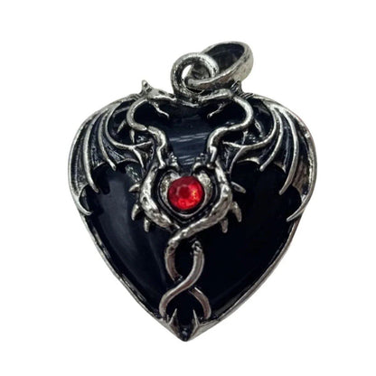 Natural Power Stone Heart-Shaped Antique Silver Alloy Double Dragon Pendant Top for DIY Jewelry Making, Healing, Chakra, and Spiritual Use, 32x42mm, Metal Color: Parallel Import