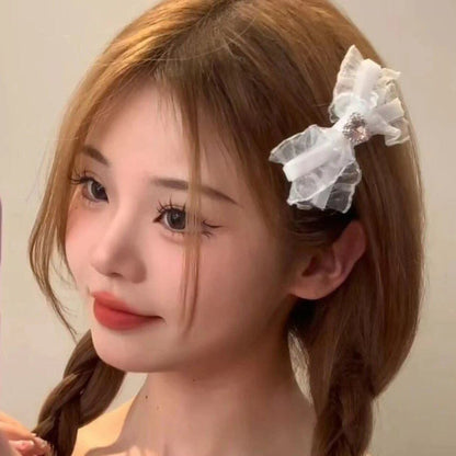 1/2 Piece Korean Ribbon Bow Hair Clip, Vintage Pink Zircon Heart Bow Knot Hairpin, Cute Headpiece for Girls, Cosplay Hair Accessories, Parallel Import