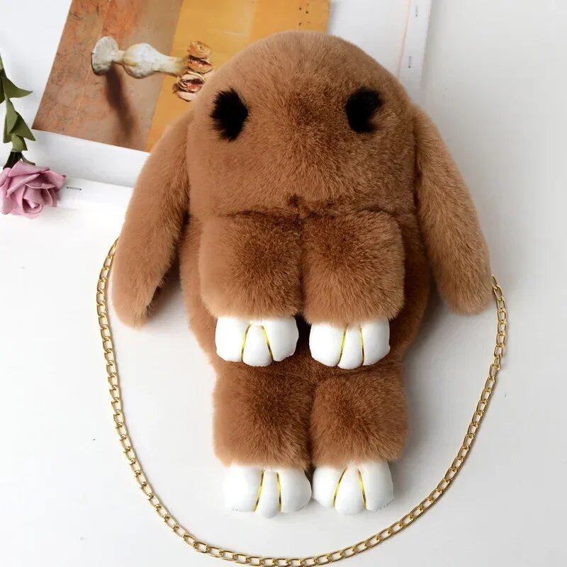 Cute Fluffy Rabbit Pom Pom Chain Bag for Women, Cartoon Rabbit Sling Bag, Plush Bunny Shoulder Backpack, Birthday Gift for Girls, Parallel Import