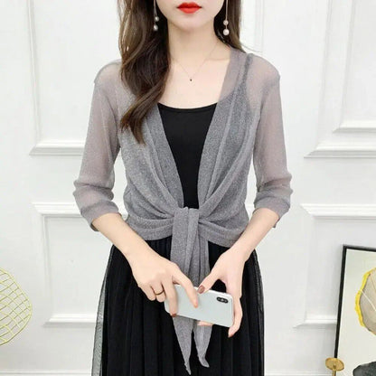Glitter Tie-Up Open Front Shrug, Women's Cropped Shawl, Beachwear, Summer, Sun Protection, Air Conditioning Protection, Parallel Import