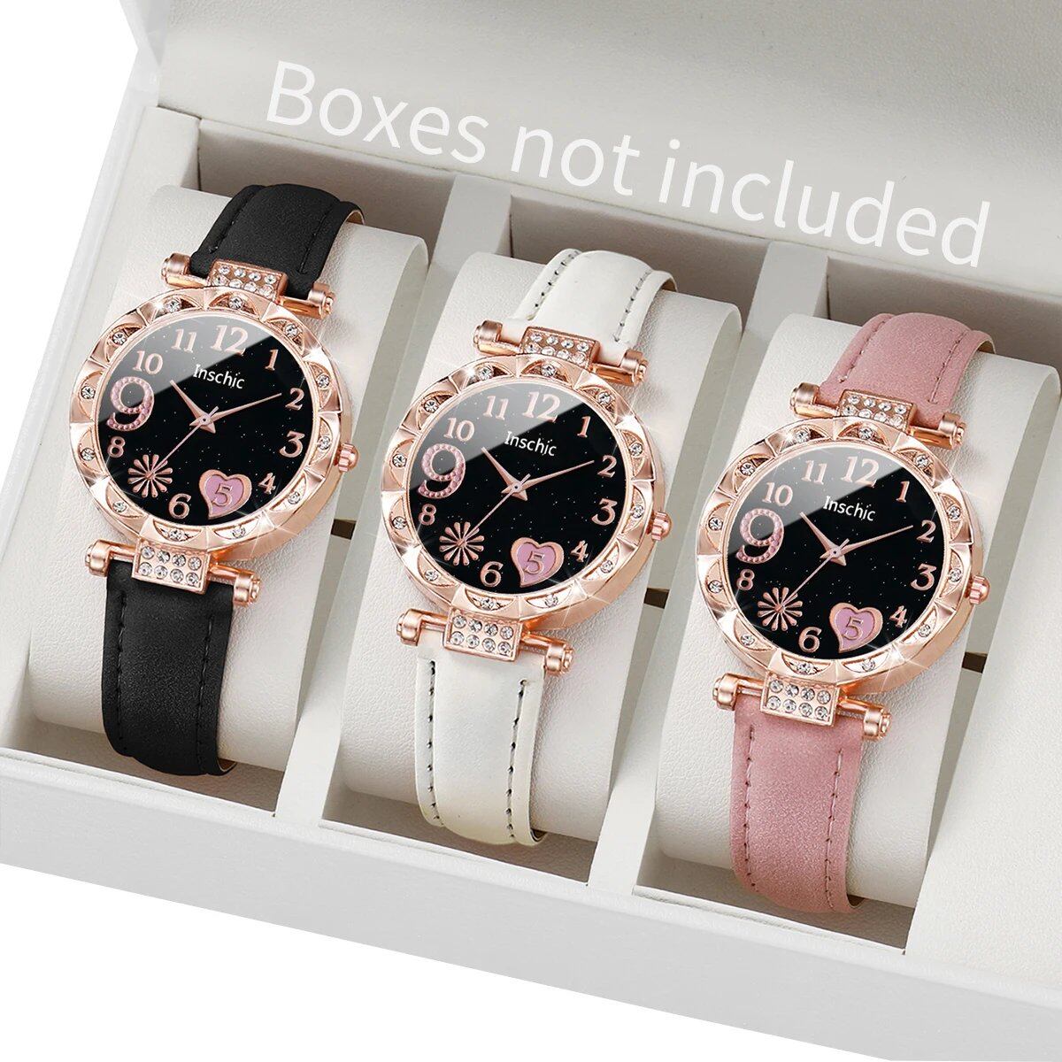 Set of 3 Women's Fashion Leather Strap Quartz Watches with Heart-Shaped Dials (Black, White, Pink) - Color: Other (Parallel Import)