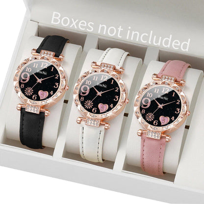 Set of 3 Women's Fashion Leather Strap Quartz Watches with Heart-Shaped Dials (Black, White, Pink) - Color: Other (Parallel Import)