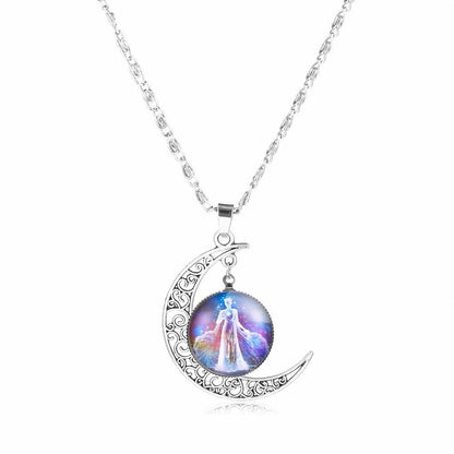 12 Zodiac Signs Glass Dome Crescent Moon Necklace for Women, Stylish Party Jewelry (Compatible with Aries, Taurus, Cancer, Aquarius, and Pisces), Metal Color, Parallel Import