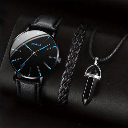 Set of 3 Men's Fashion Watches with Casual Leather Straps, Quartz Watches, and Business Watches, Bracelet &amp; Necklace Set, Color: Set, Parallel Import
