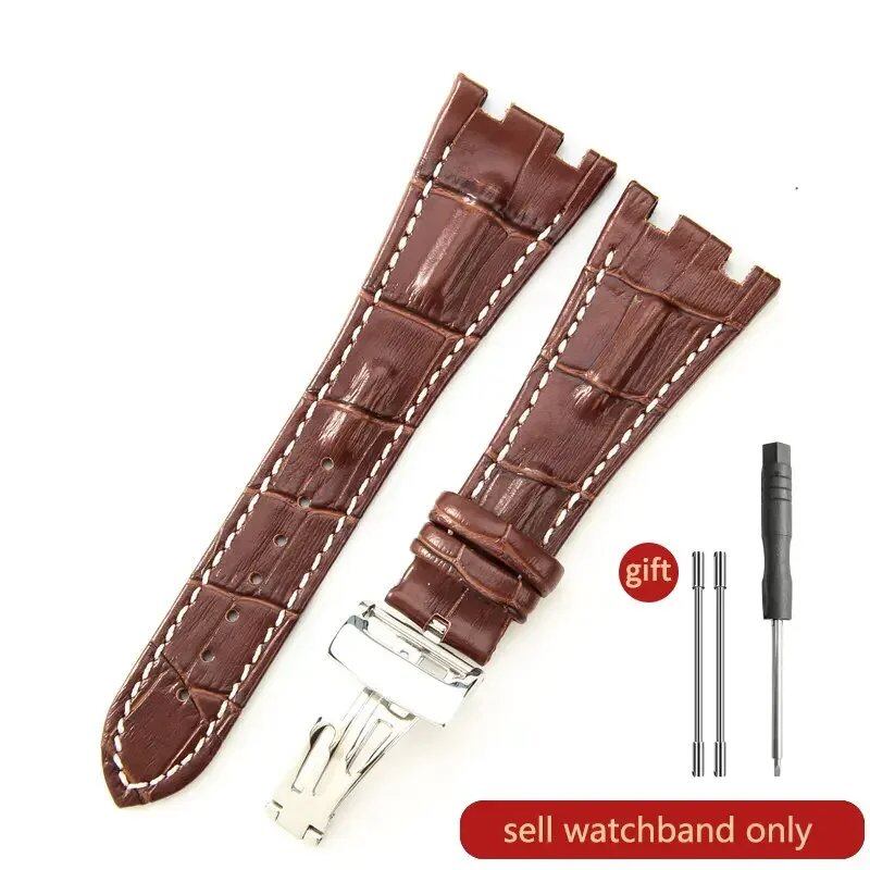 Sweat-resistant cowhide leather watch strap with folding buckle for AP Royal Oak Offshore models 15710, 15703, 15706, 26470, 26170, 26133, 26471, and 26474. Band Color: Brown; Band Width: 28mm. Imported.
