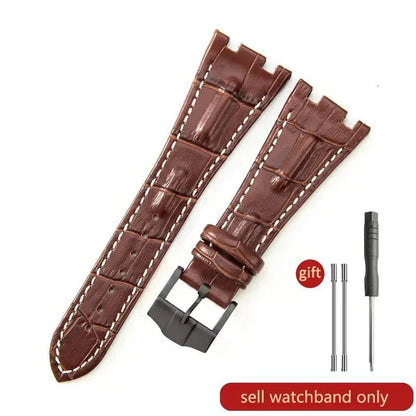 Sweat-resistant cowhide leather watch strap with folding buckle for AP Royal Oak Offshore models 15710, 15703, 15706, 26470, 26170, 26133, 26471, and 26474. Band Color: Brown; Band Width: 28mm. Imported.