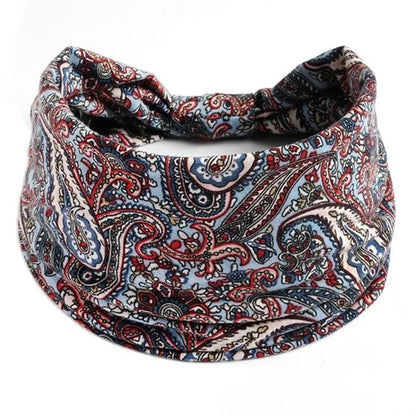 New Boho Floral Print Wide Headband with Vintage Knot Elastic Turban Headwrap for Women and Girls, Cotton Soft Bandana Hair Accessory, Parallel Import