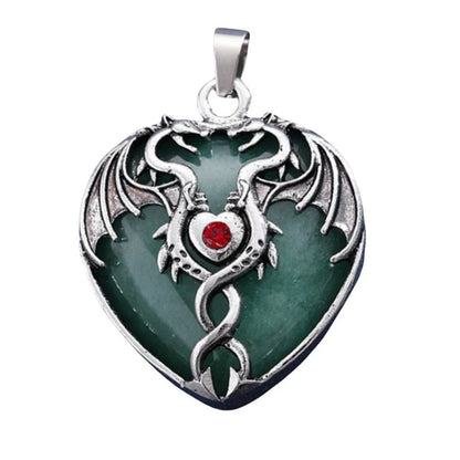 Natural Power Stone Heart-Shaped Antique Silver Alloy Double Dragon Pendant Top for DIY Jewelry Making, Healing, Chakra, and Spiritual Use, 32x42mm, Metal Color: Parallel Import