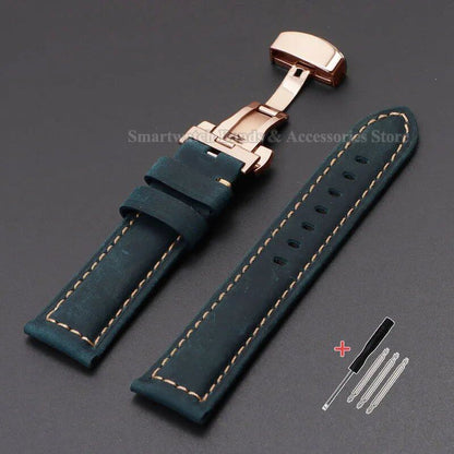 Vintage-style calf leather strap for Panerai and Seiko watches in sizes 20mm, 22mm, 24mm, and 26mm. Features a metal butterfly clasp. Band color: mm. Parallel import.