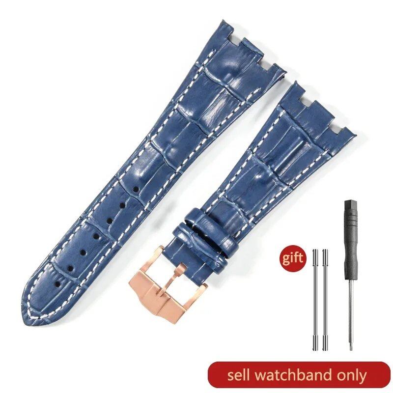 Sweat-resistant cowhide leather watch strap with folding buckle for AP Royal Oak Offshore models 15710, 15703, 15706, 26470, 26170, 26133, 26471, and 26474. Band Color: Brown; Band Width: 28mm. Imported.