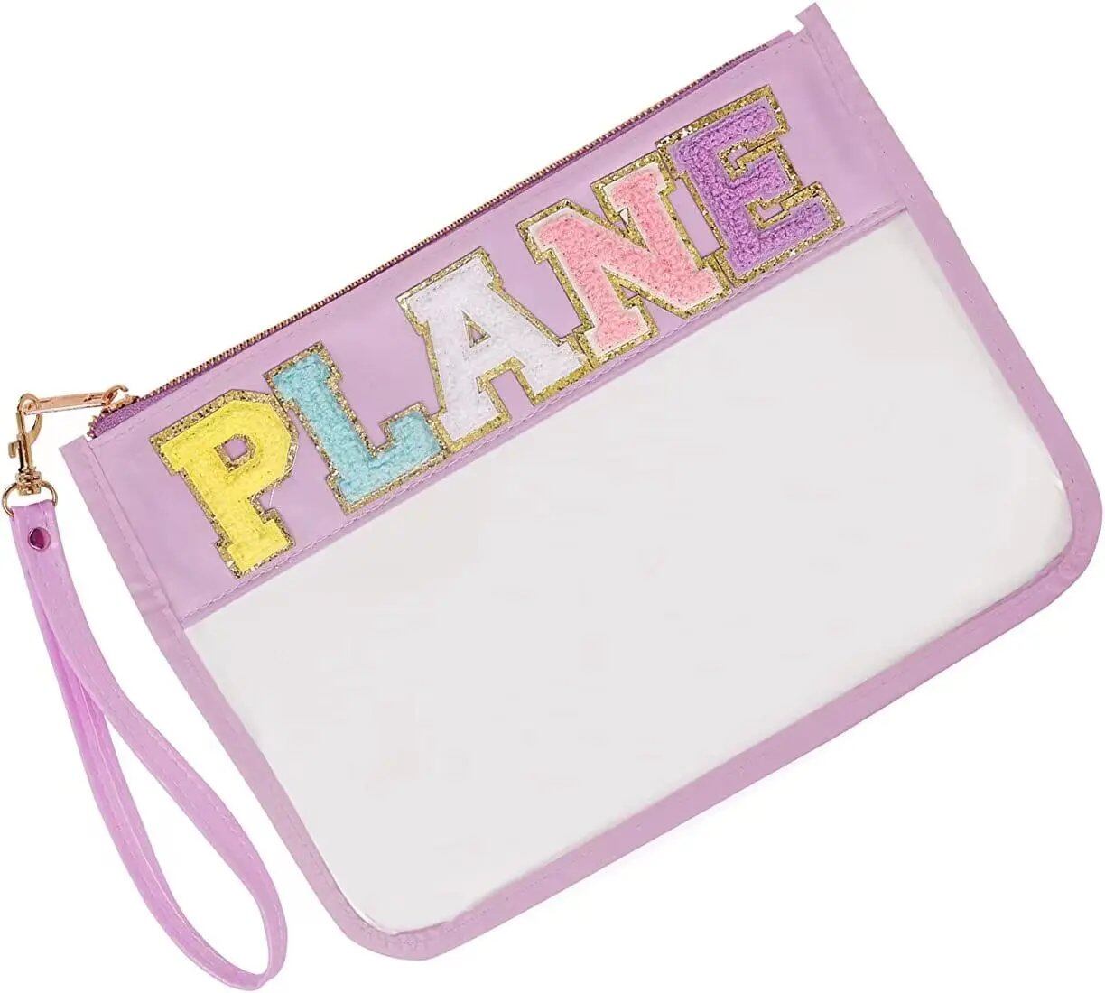 PVCコスメバッグ レターパッチ付き 透明クラッチバッグ 女性用 クリアトラベルメイクポーチ 化粧品収納バッグ トイレタリーハンドバッグ  並行輸入品