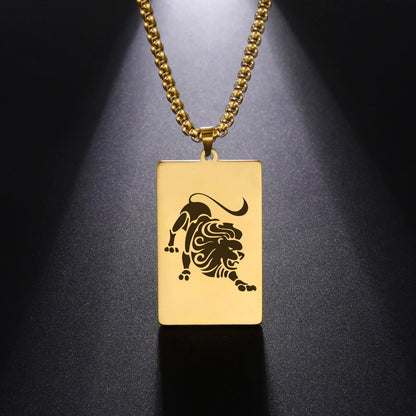 Men's 12 Zodiac Signs Pendant Necklace with Box Chain, Ancient Greek Style, Stainless Steel, Fade-Resistant, Zodiac Astrology Gift, 60cm Long; Metal Color: Parallel Import