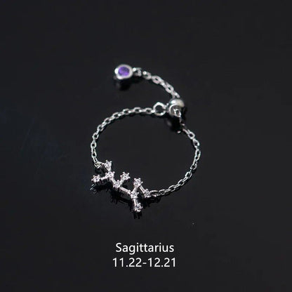 WANTME 925 Sterling Silver Unique 12 Constellations Chain Link Adjustable Ring for Women and Couples, Zodiac Jewelry, Astrological Gift, Parallel Import