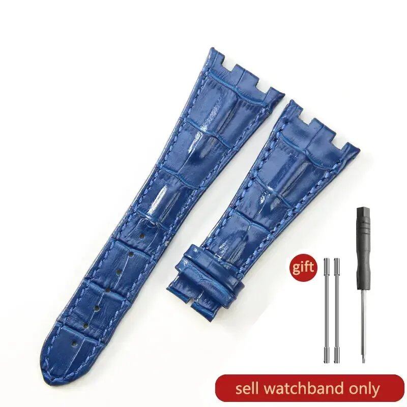 Sweat-resistant cowhide leather watch strap with folding buckle for AP Royal Oak Offshore models 15710, 15703, 15706, 26470, 26170, 26133, 26471, and 26474. Band Color: Brown; Band Width: 28mm. Imported.