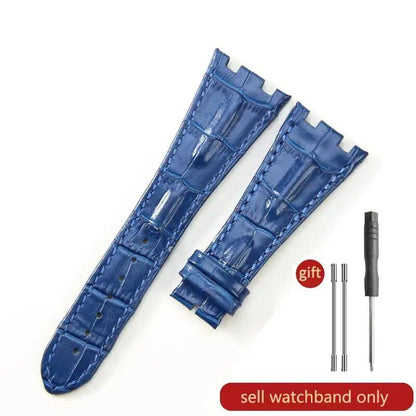 Sweat-resistant cowhide leather watch strap with folding buckle for AP Royal Oak Offshore models 15710, 15703, 15706, 26470, 26170, 26133, 26471, and 26474. Band Color: Brown; Band Width: 28mm. Imported.