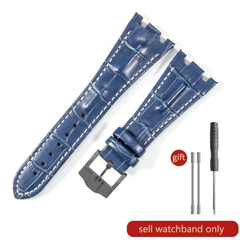 Sweat-resistant cowhide leather watch strap with folding buckle for AP Royal Oak Offshore models 15710, 15703, 15706, 26470, 26170, 26133, 26471, and 26474. Band Color: Brown; Band Width: 28mm. Imported.