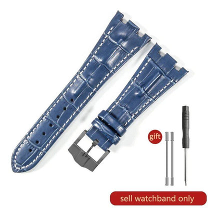 Sweat-resistant cowhide leather watch strap with folding buckle for AP Royal Oak Offshore models 15710, 15703, 15706, 26470, 26170, 26133, 26471, and 26474. Band Color: Brown; Band Width: 28mm. Imported.