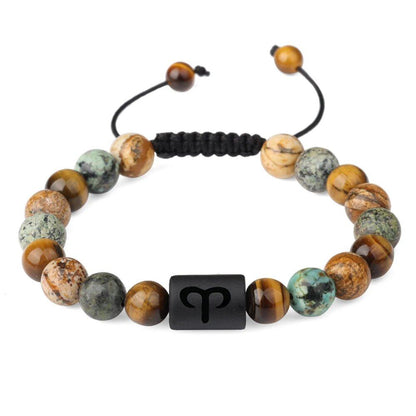 12 Zodiac Sign Beaded Bracelet, Natural Tiger Eye Stone, Zodiac Sign Bracelet for Men and Women, Charm Jewelry, Gift, Metal Color: Parallel Import