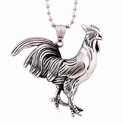 316L Stainless Steel Zodiac Cock Pendant &amp; Necklace with Steel Ball Chain, Unique Walking Chicken Necklace, Metal Color, Parallel Import