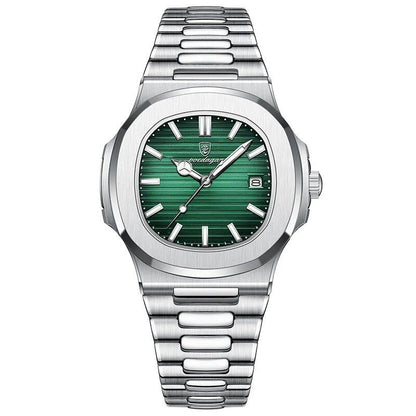 POEDAGAR Stainless Steel Men's Watch, Waterproof, Business Style, with Calendar, Quartz Movement, Luxury Laminated Square Design, Parallel Import