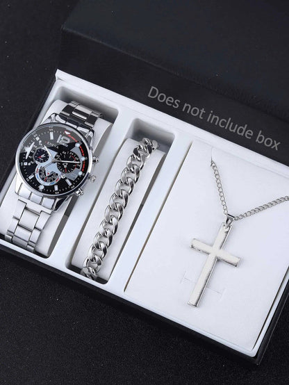Set of 3 Business-Style Silver-White Mechanical Men's Alloy Quartz Watches with Calendar and Alloy Necklace Bracelet Set (Color: Silver, Parallel Import)
