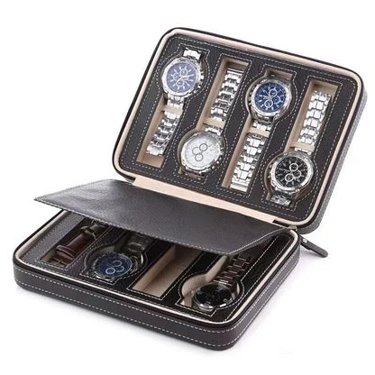Brand new 6/8-drawer portable leather watch box with zipper, lightweight men's watch case, and jewelry storage. Color: JT-1. Imported.