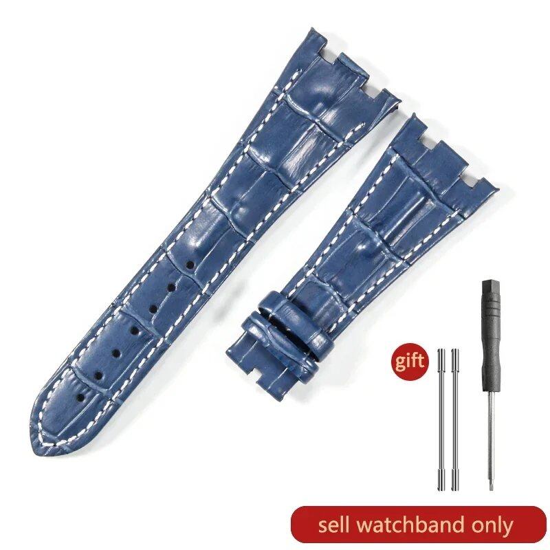 Sweat-resistant cowhide leather watch strap with folding buckle for AP Royal Oak Offshore models 15710, 15703, 15706, 26470, 26170, 26133, 26471, and 26474. Band Color: Brown; Band Width: 28mm. Imported.