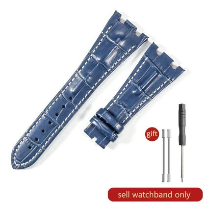 Sweat-resistant cowhide leather watch strap with folding buckle for AP Royal Oak Offshore models 15710, 15703, 15706, 26470, 26170, 26133, 26471, and 26474. Band Color: Brown; Band Width: 28mm. Imported.