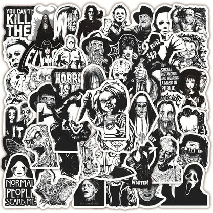 10/20/50 Sheets of Cool Black &amp; White Thriller/Horror Movie Stickers for DIY Toys, Cars, Skateboards, Guitars, Suitcases, Waterproof Decals, Color: Horror, 50 Pieces, Parallel Import