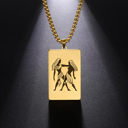 Men's 12 Zodiac Signs Pendant Necklace with Box Chain, Ancient Greek Style, Stainless Steel, Fade-Resistant, Zodiac Astrology Gift, 60cm Long; Metal Color: Parallel Import