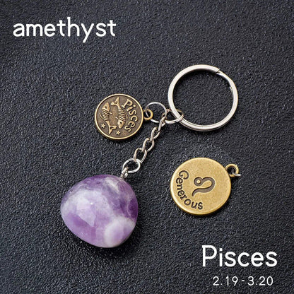 1 Natural Gemstone Zodiac Keychain with Clear Quartz and Amethyst Rolling Stones, DIY Car Key Ring Chain, Size: 1.5cm (Parallel Import)