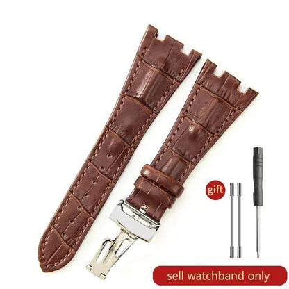 Sweat-resistant cowhide leather watch strap with folding buckle for AP Royal Oak Offshore models 15710, 15703, 15706, 26470, 26170, 26133, 26471, and 26474. Band Color: Brown; Band Width: 28mm. Imported.