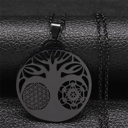 Yoga Flower of Life Buddhist Amulet Necklace, Stainless Steel, Spiritual Medal, Tree of Life Jewelry, Fleur de Vie, N3091, Metal Color: 50cm, Parallel Import