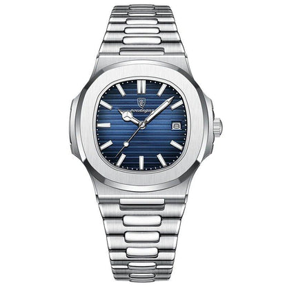 POEDAGAR Stainless Steel Men's Watch, Waterproof, Business Style, with Calendar, Quartz Movement, Luxury Laminated Square Design, Parallel Import
