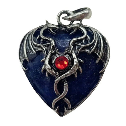 Natural Power Stone Heart-Shaped Antique Silver Alloy Double Dragon Pendant Top for DIY Jewelry Making, Healing, Chakra, and Spiritual Use, 32x42mm, Metal Color: Parallel Import