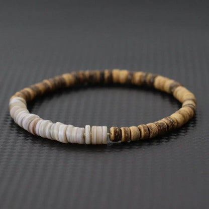 Men's Handmade Coconut Bead Bracelet, Natural Materials, Meditation Jewelry, Grade A Shell Bracelet, Perfect for Beach, Surfing, Cycling, and Joyous. Length: 19.5cm (7.7 inches); Metal Color: Parallel Import.