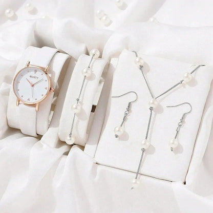 Luxury 4-Piece Women's Watch Set: Round Face, Rhinestone, Elegant Quartz Wristwatches, Rose Gold, Color: ZY001 - Parallel Import