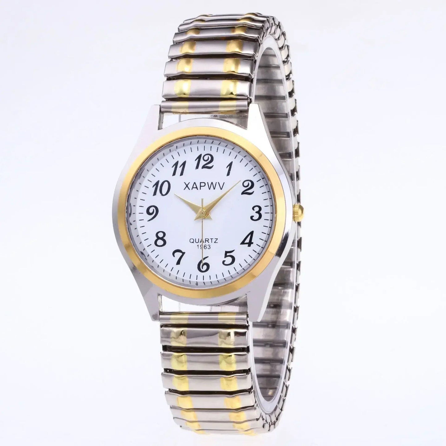 Fashionable unisex quartz wristwatch with stretchable elastomer band and stainless steel strap. A perfect gift for couples. Color: Parallel import.