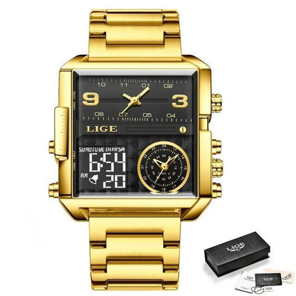 LIGE Luxury Original Men's Sports Wristwatch, Gold Quartz Movement, Stainless Steel, Waterproof, Dual Display, Clock, Relogio Masculino, Parallel Import