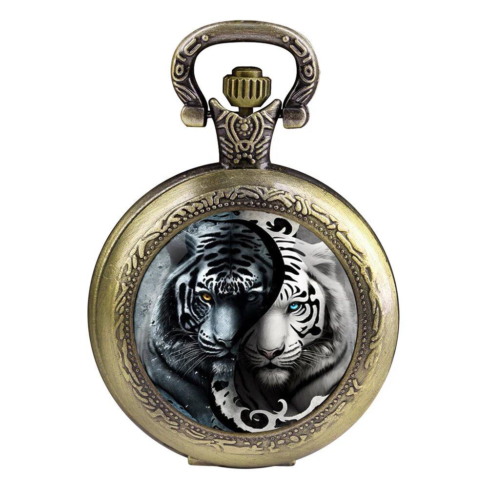 Classic Tiger Cool Design Vintage Quartz Pocket Watch with Glass Dome, Pendant Necklace Chain for Men and Women, Gift for Kids, Color: ZHP4-003, Parallel Import